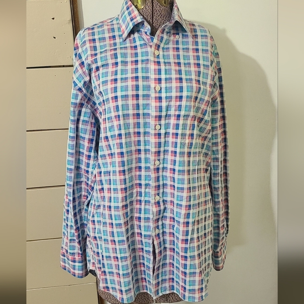 Mens Alan Flusser Plaid Blue Pink White Button Down Long Sleeve Size Medium